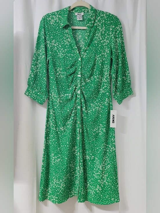 Dkny Dresses & Skirts - NWT DKNY Green & White Floral Ruched Midi Shirtdress